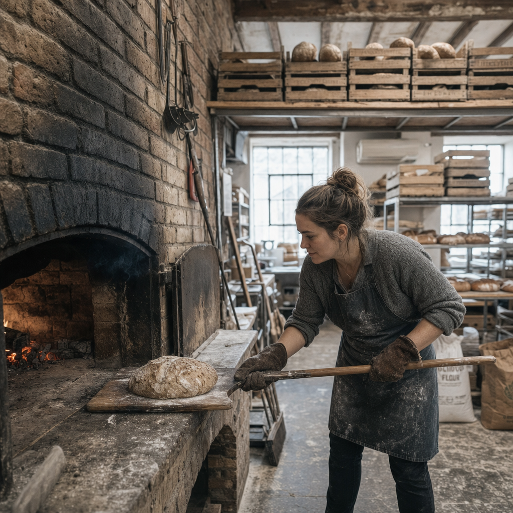 Baker sliding a sourdough loaf into a wood-fired brick oven