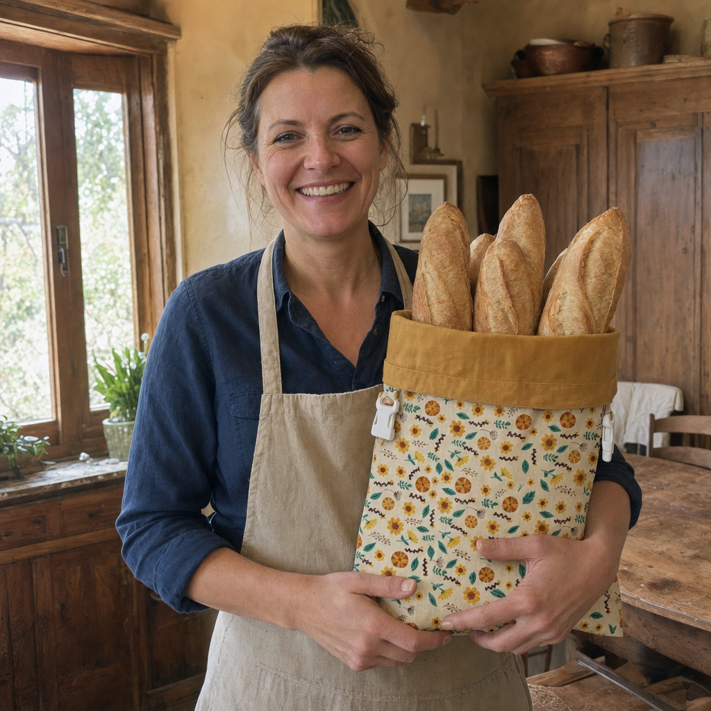 Maker holding a filled bread bag in a home kitchen