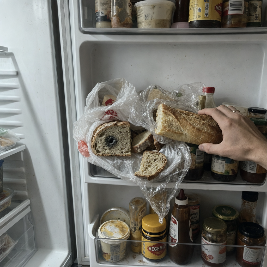 Loaves wrapped in plastic inside a crowded freezer