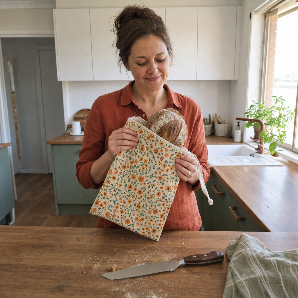 A loaf being folded into a waxed cotton bread bag on a worktop